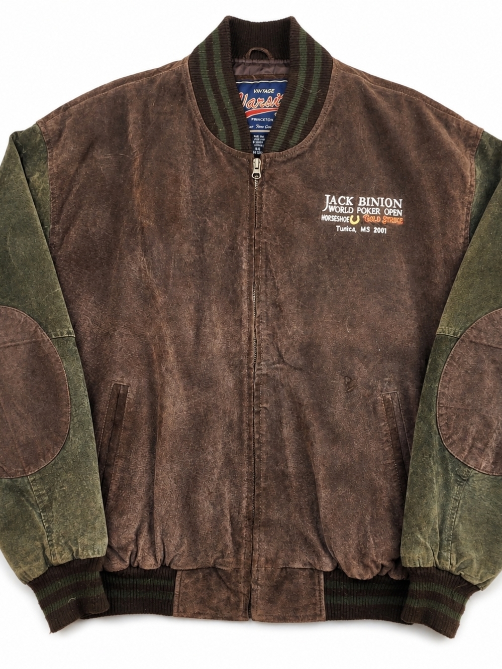 Vintage Leather Varsity Jacket L Brown Distressed Bomber Poker Casino
